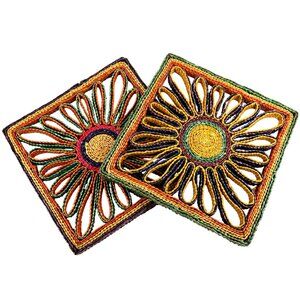 1970s Boho Raffia Trivets (2) Autumnal Colors, Woven Floral, Vintage Kitchen